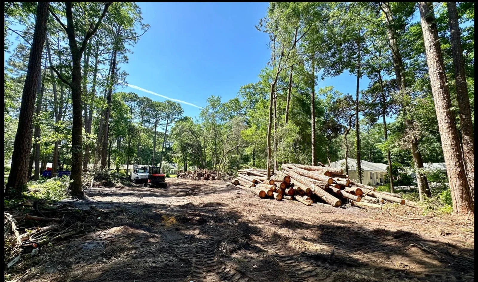 Freshly cleared residential land with cut timber and excavation equipment on site